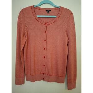 Talbots Womens Medium Petite Mp Orange Tan & Gold Stripe Button Cardigan Sweater
